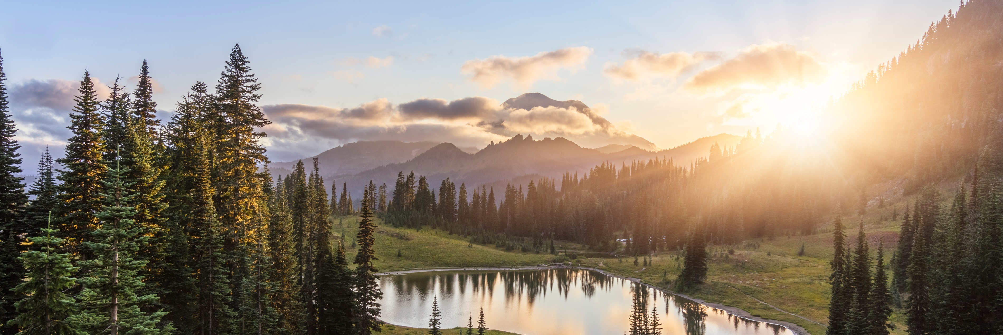 photo of sunset over mountains and lake