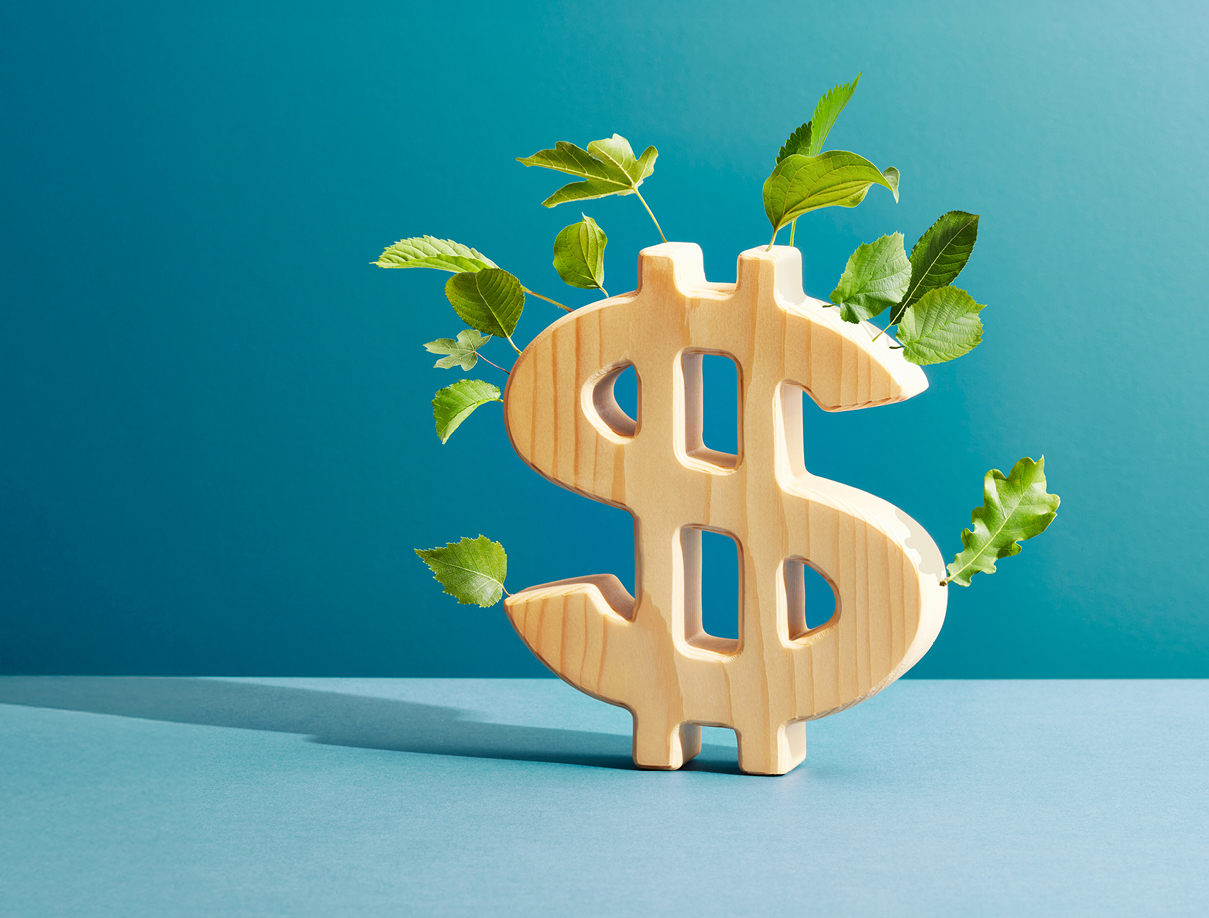 a graphic showing a dollar sign with green plants