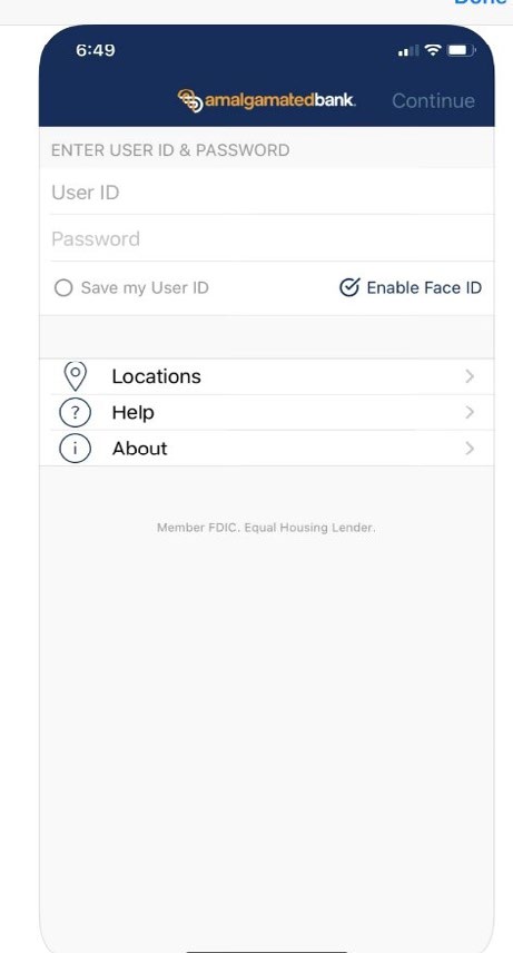 Amalgamated Bank mobile app screen