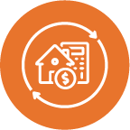 House with dollar sign and arrows in an orange circle icon
