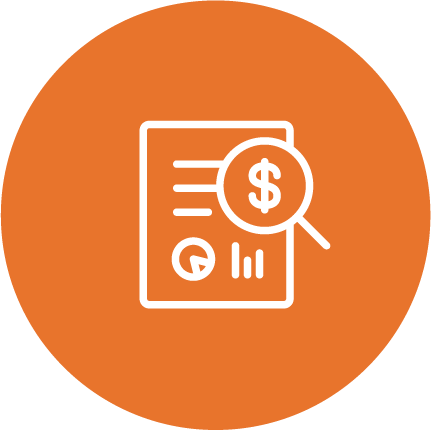 Document with magnifying glass with dollar sign orange icon